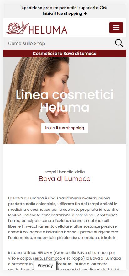 Nuova grafica per il negozio online heluma cosmetici alla bava di lumaca